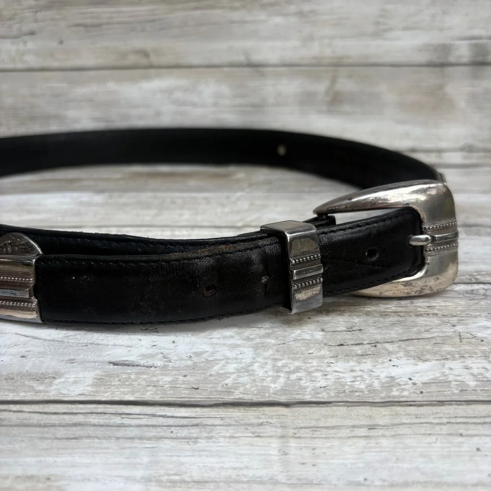 Onyx by Brighton Belt 36 Black VTG 1998 Western Golf Leather Concho Braided
